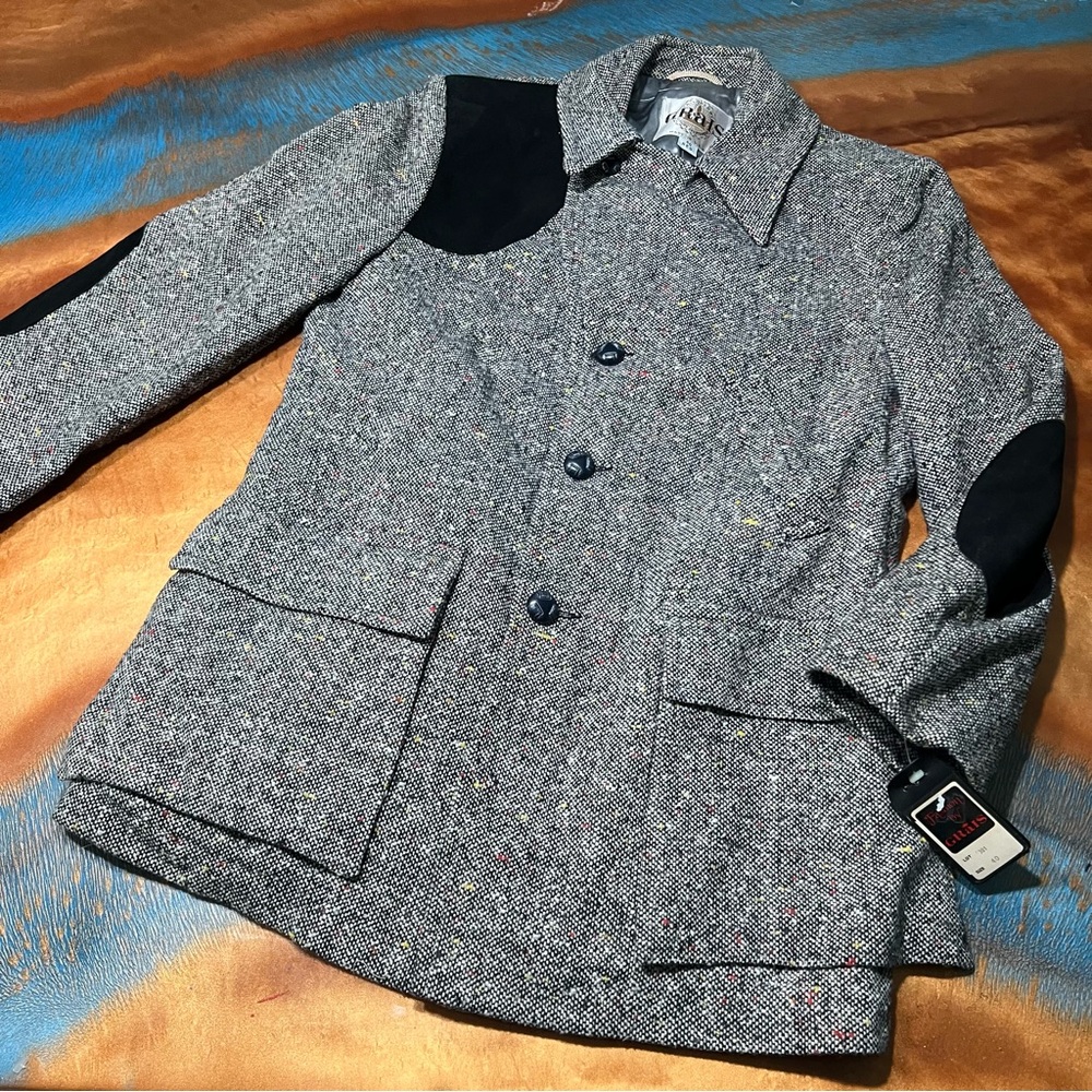 Vtg New Grais Gray Tweed Plaid Lined Hunting Jacket Sportcoat Black Patches 40R